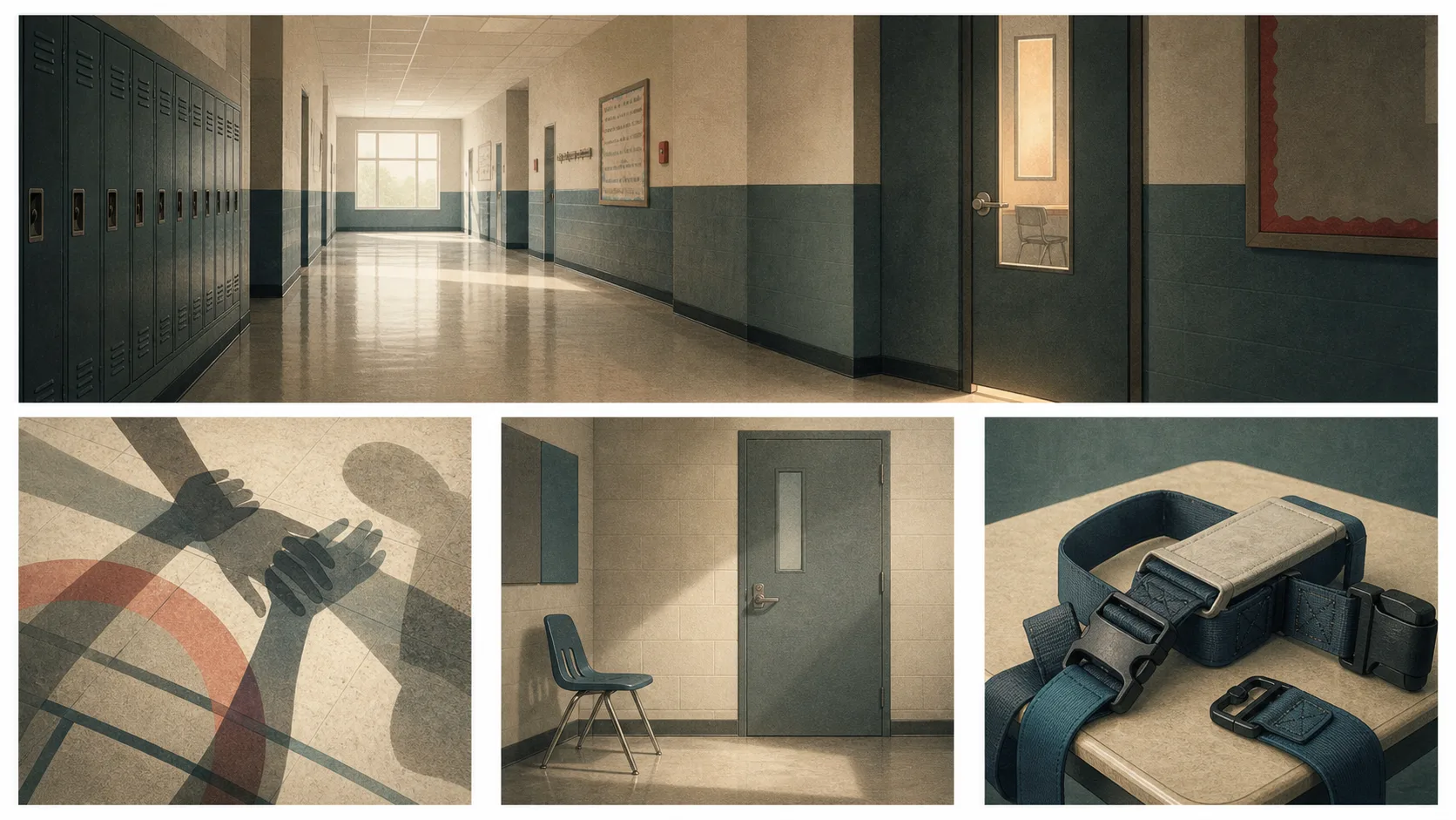 Editorial image set showing symbolic school restraint and seclusion scenes without identifying any child.