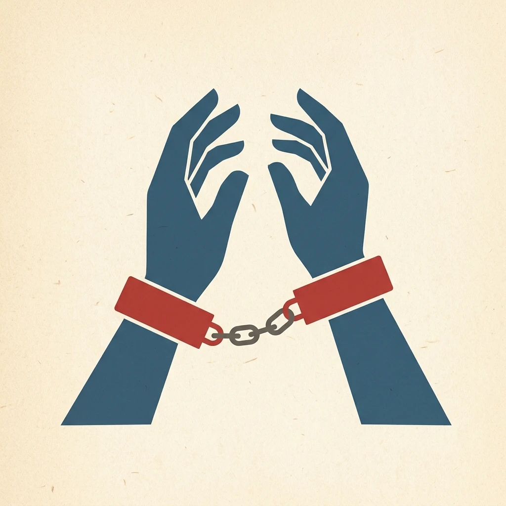 Conceptual diagram of mechanical restraint showing two hands bound by red cuffs and connected by a chain.