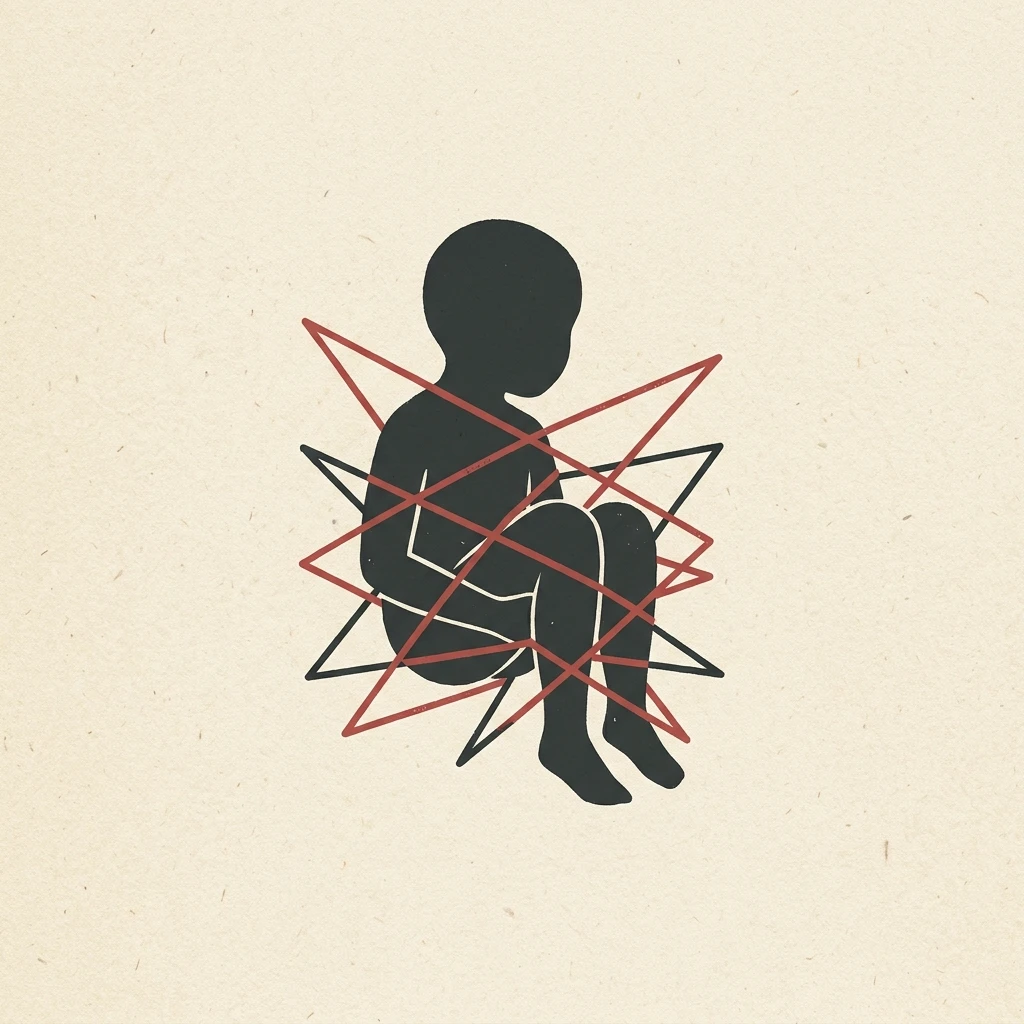 Conceptual diagram of physical restraint showing a child silhouette with crossing warning red lines.