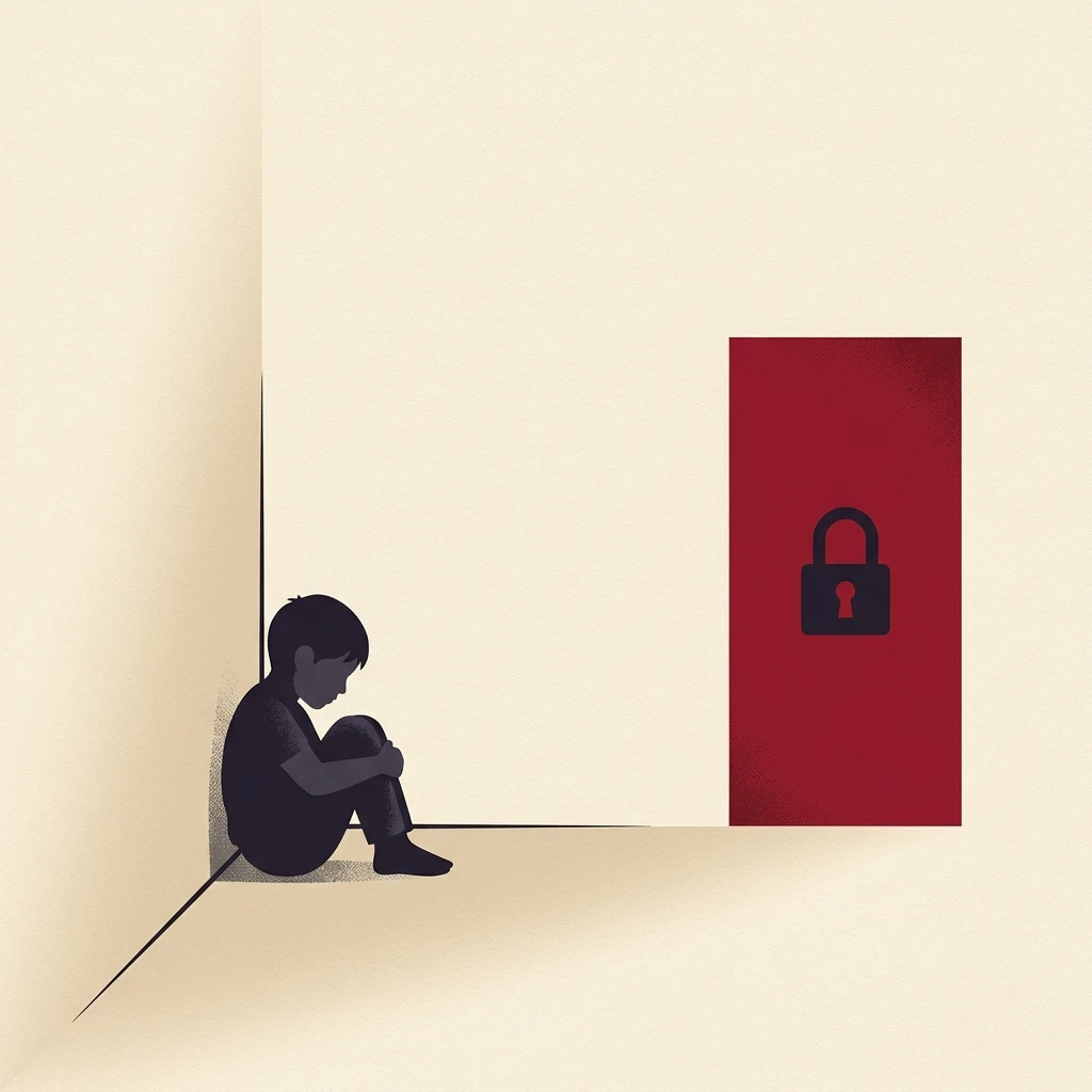 Conceptual diagram of seclusion showing a curled child silhouette sitting alone in a quiet room with a locked red door.